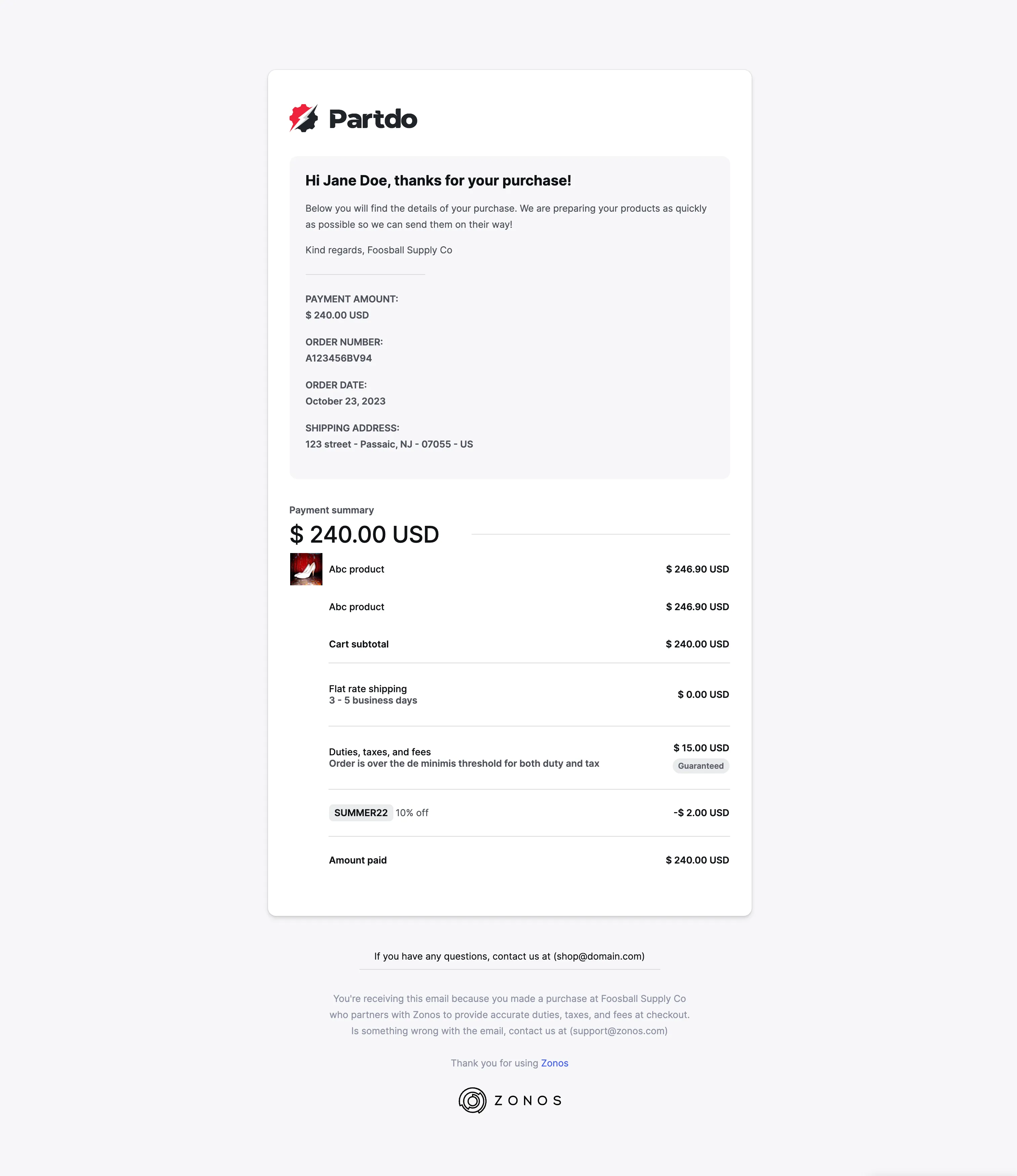 Zonos order receipt email preview
