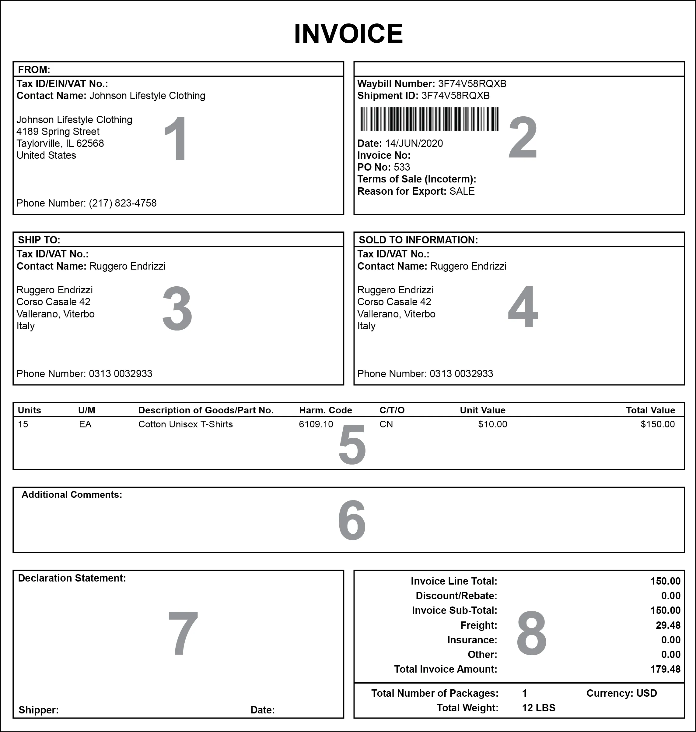 An example of what a commercial invoice (electronic or physical) looks like
with its required fields of
information.