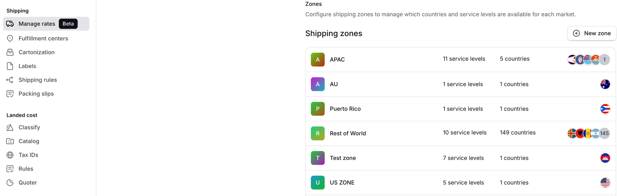 Shipping zones on the Manage rates page